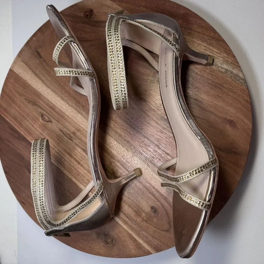 Pelle Moda Vero Cuoio Metallic Rhinestone‎ Ankle Strap Kitten-Heel Size 10
